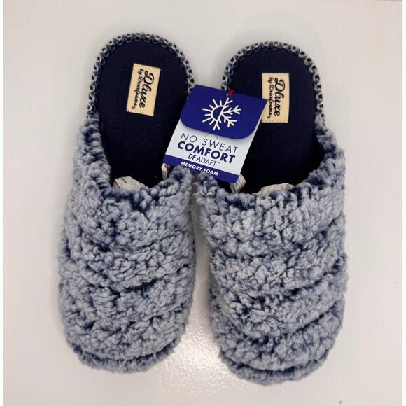 DLUXE by Dearfoams Vera Teddy Scuff Slippers Blue Memory Foam Size L 9-10 UNISEX - Picture 3 of 10